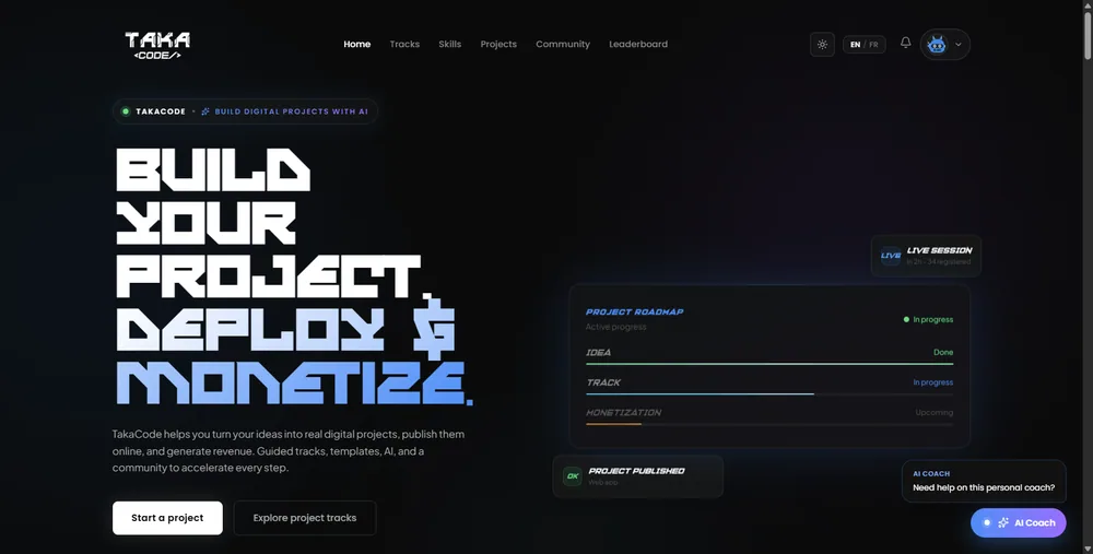 The TakaCode platform home page